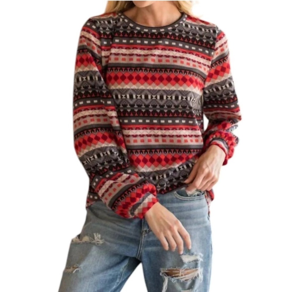 BomBom Made in USA Womens XL Long Sleeve Fair Isle Print Top Blouse Pullover